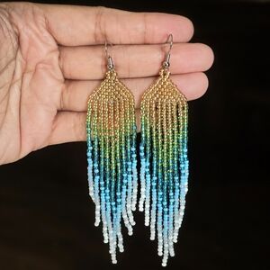 Ombre Boho Beaded Fringe Earrings Handmade Statement Jewelry Boheme